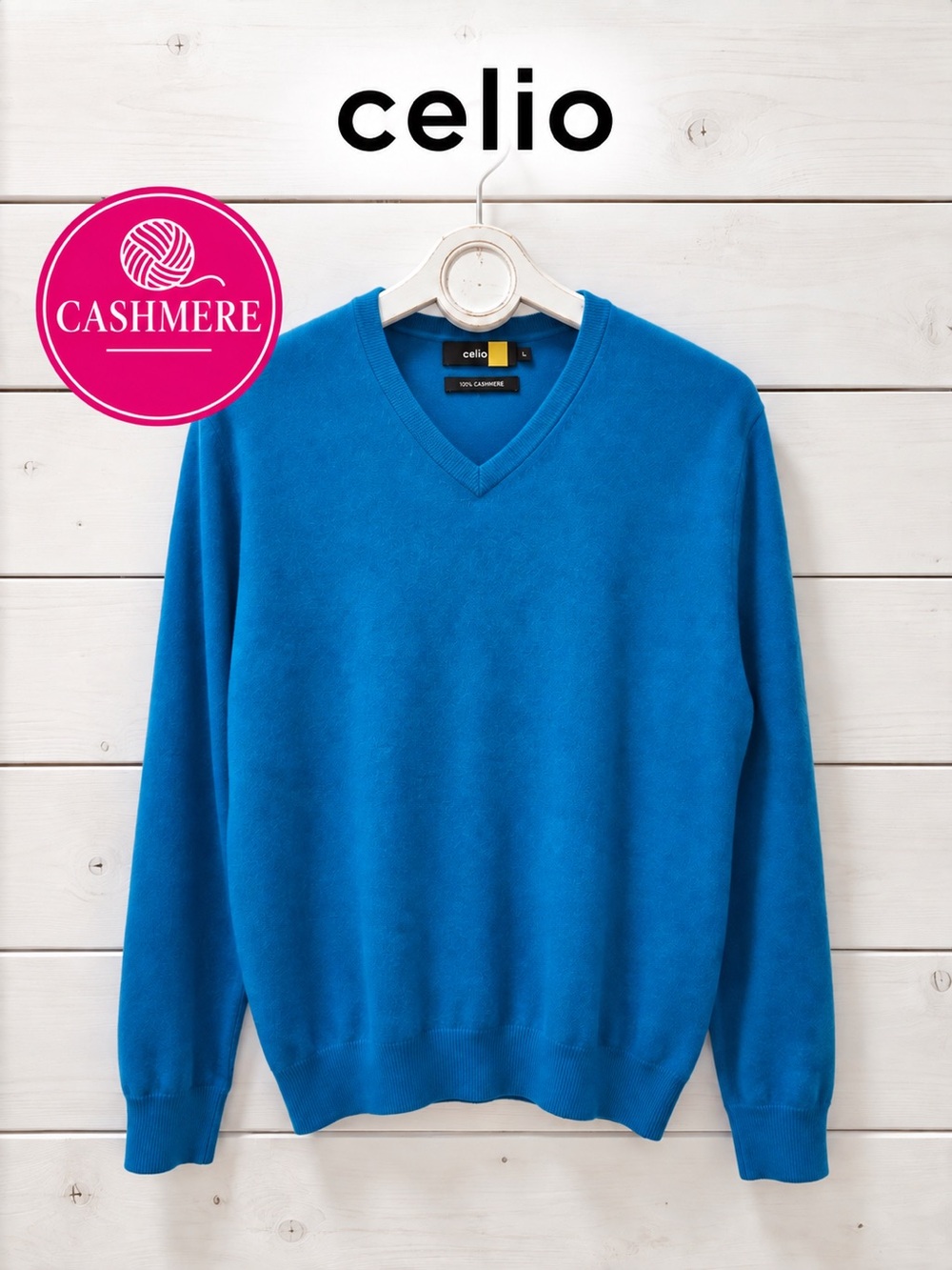Celio 100% Cashmere V-Neck Sweater Blue – Men’s XL / Unisex
